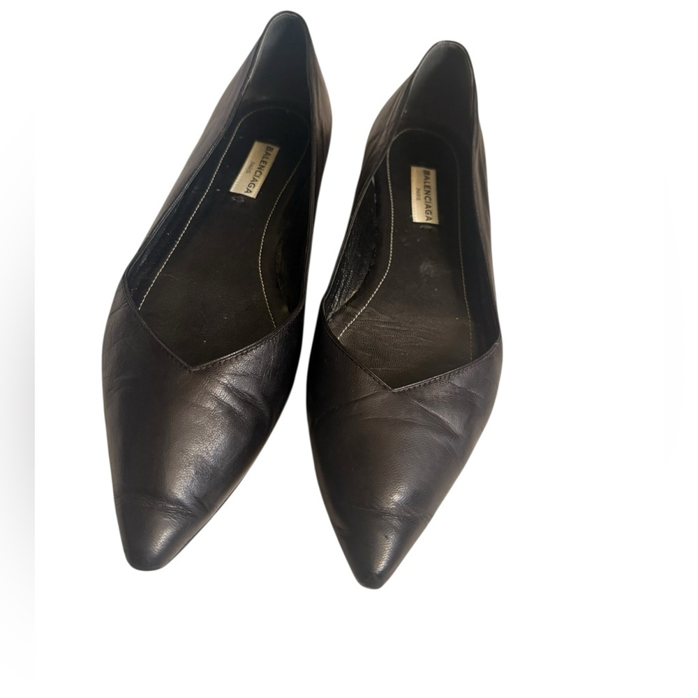 Balenciaga Black Pointed Toe Leather Ballerina Flats Shoes SZ 7 EU 37